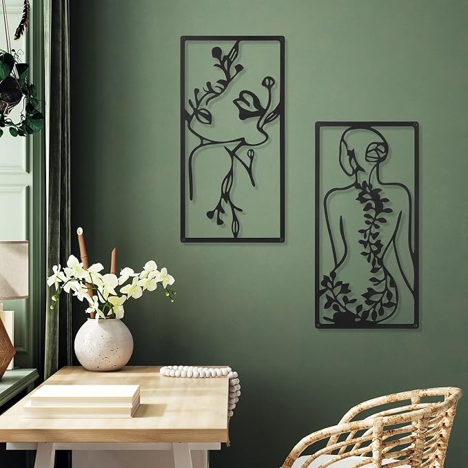 Cindeer 4 Pcs Metal Wall Art Decor Minimalist Abstract Woman Wall Art Line Drawing metal line art Home Hanging Art Decor for Bedroom Kitchen Bathroom Living Room(Fresh,Black)