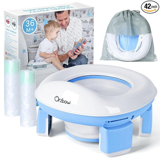 Orzbow Portable Potty Training Toilet, Travel Potty Seat for Toddler Boys Girls with Splash Guard, Potty Training Essentials, Foldable, Includes Free Travel Bag and 40 Liners, Indoor/Outdoor Use, Blue