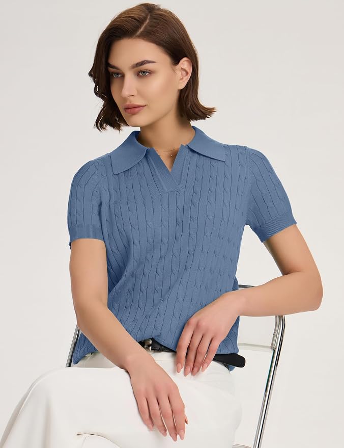 Micoson Womens Short Sleeve Sweater Tops Lapel V Neck Polo Shirts 2026 | Summer Cable Knit Loose Blouses, Business Casual Outfits