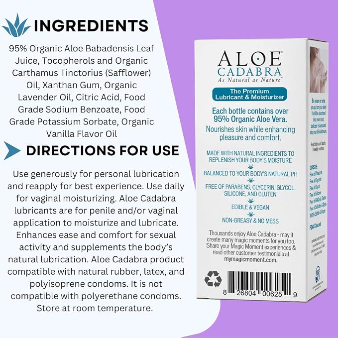 Aloe Cadabra Vaginal Moisturizer, NSF Certified Organic Edible Aloe Lube for Men, Women, Non-Staining, pH Balanced, (French Lavender, 2.5oz, 1 Pack)