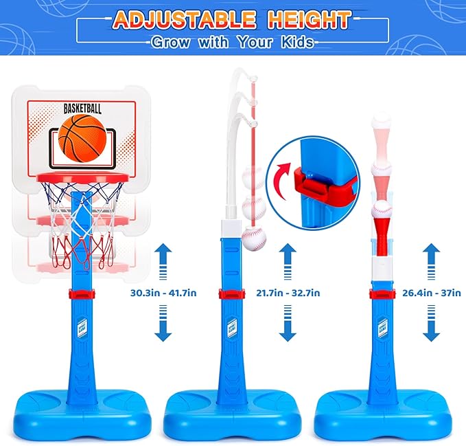 3 in 1 Kids Basketball Hoop and T Ball Set, Adjustable Height Toddler Basketball Hoop, Hanging Tee Baseball, Indoor Outdoor Sports Toys Gifts for Toddlers Boys Girls Ages 3 4 5 Year