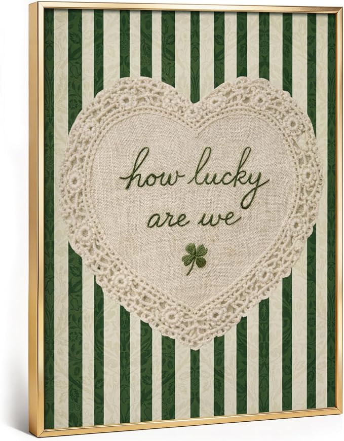 Gold Framed How Lucky Are We Wall Art Vintage Inspirational Quotes Decor | Green Striped Lace Heart Aesthetic Painting Poster Trendy Preppy Canvas Picture for Bedroom Collage Ready to Hang 12x16in