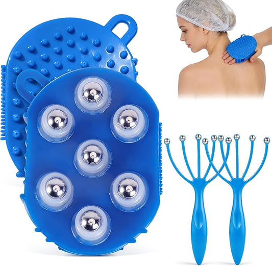 2 Set Manual Massage Gloves with Head Massagers | Lymphatic Roller Ball Massagers,Scalp massagers,Gua Sha SPA Muscle Release,For Head Face Neck Back Legs Full Body