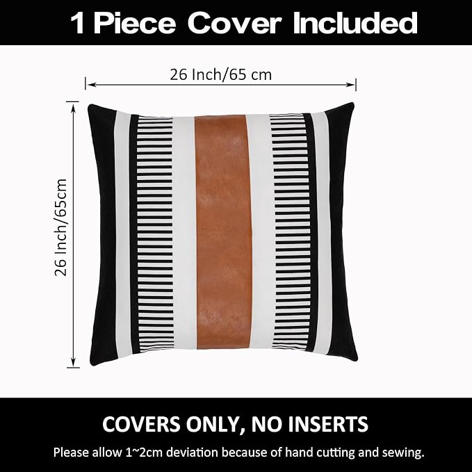 Farmhouse Stripe Euro Pillow Cover 26x26 Large Accent Cushion Cover Black and White Faux Leather Decorative Pillowcase for Sofa Couch Chair Bedroom Modern Decor,Black