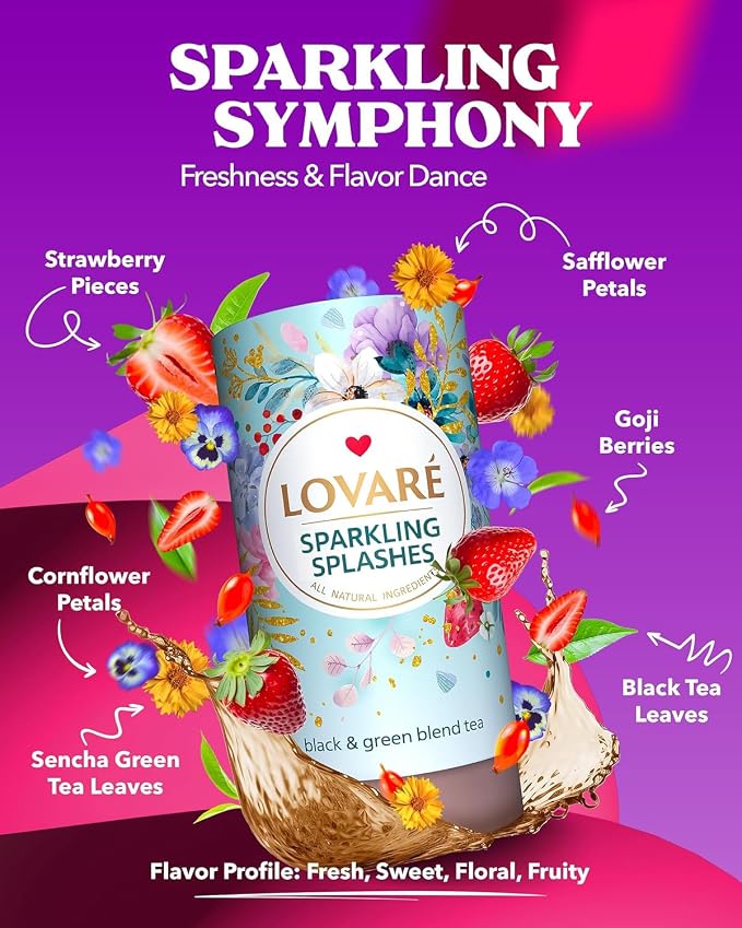 LOVARE Sparkling Splashes Loose Leaf Tea 80 g - Made in Ukraine - Black and Green Tea, Strawberry, Cornflower and Safflower Petals, Goji berries - Gift Box with 15 Paper Filters (Sparkling Splashes)