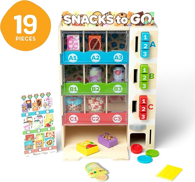 Melissa & Doug Sort-Stock-Select Wooden Vending Machine Toy with Play Food, Mini Vending Machine Toys & Play Money, Preschool Toys for Kids Ages 3+