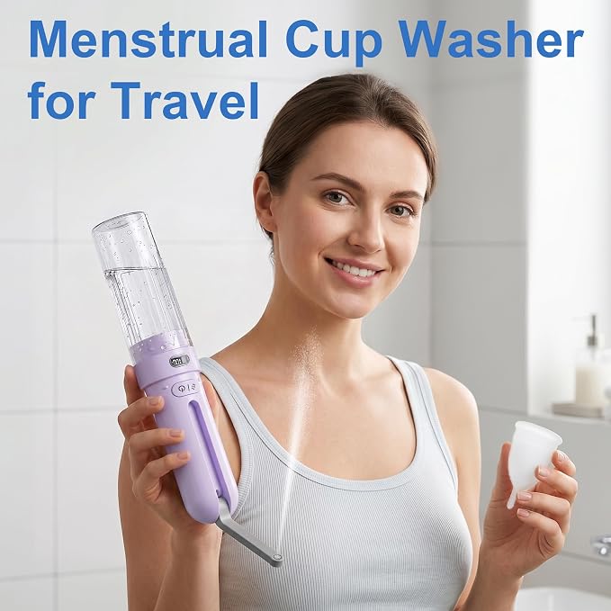 Electric Menstrual Cup Cleaner, Portable Bidet for Feminine Care | Women period essentials Fashionable purple, USB-C rechargeable Adjustable pressure modes IPX7 waterproof, Compact travel size