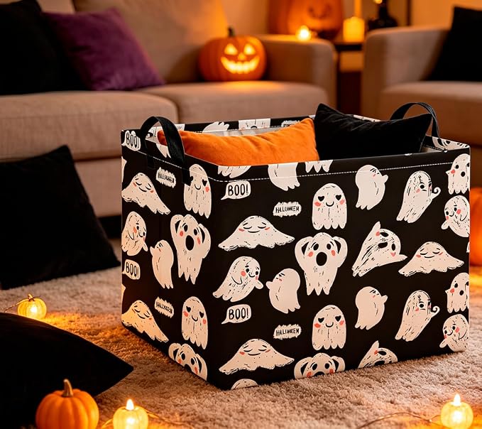 CLOCOR Rectangular Storage Basket Empty,Gift Basket,Waterproof Storage Bin with Handles,Room Decor(Black Ghost Halloween)
