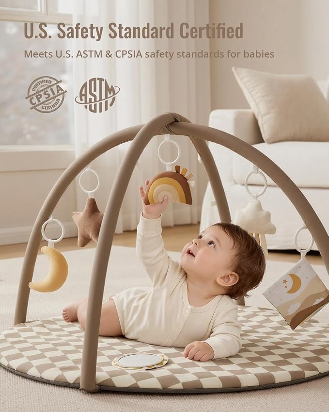 Blissful Diary Baby Play Gym Mat, Play Mat Activity Mat with 6 Detachable Toys for Stage-Based Sensory & Motor Skill Development, Easy to Install & Clean, Baby Essentials Gift, Brown Checkerboard