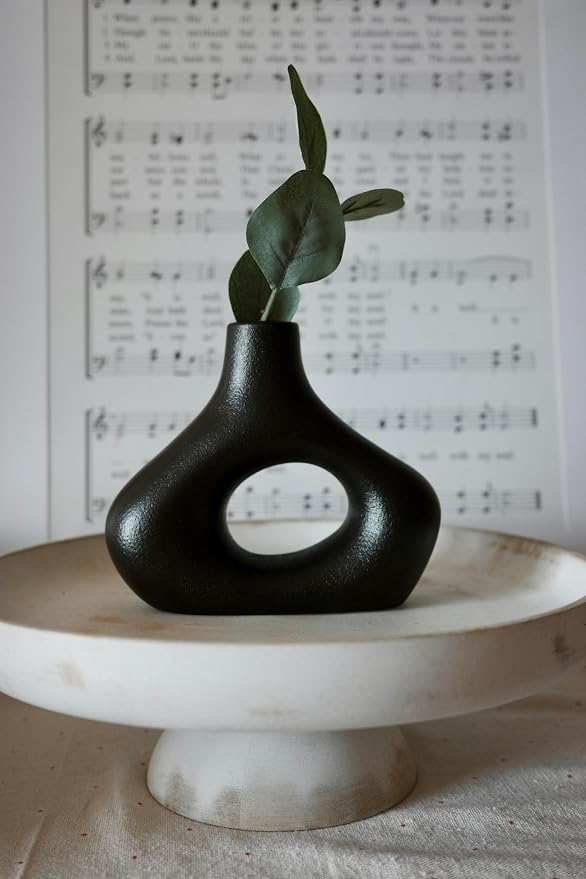 Carrot's Den Black Ceramic Modern Vase Set of 2, Donut Shelf Decor, Black | Pair for bookshelf and bookcase decor, mantel styling, or home staging. Holds dried stems and faux plants indoor.