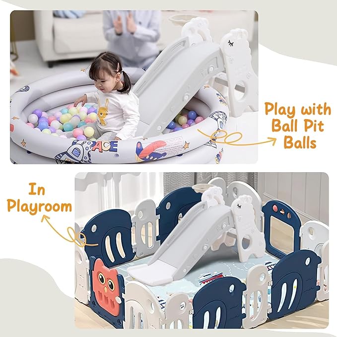 Toddler Slide for Kids Indoor Baby with Climber Ball Pit Slide in Pearl White Kids Indoor Freestanding Playset with Basketball Hoop