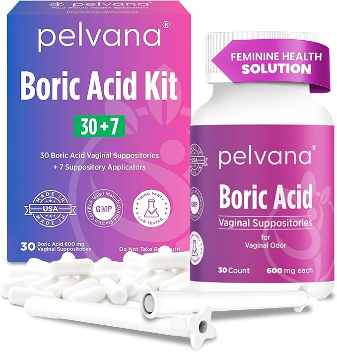 Pelvana Boric Acid Suppositories for Women - 30 Count + 7 Applicators - 600mg Boric Acid Capsules for Vaginal Odor Use