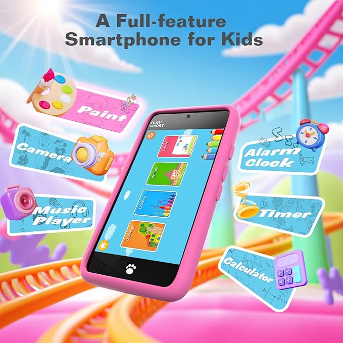 MOMILLA Toys Kids Smart Phone for Girls, 3.97” Cell Phone with Dual Cameras, Stickers & Frames, 200+ Games, 16GB Storage, Educational Mini Toddler Play Toy, Christmas Birthday Gift for Kids Age 3-10