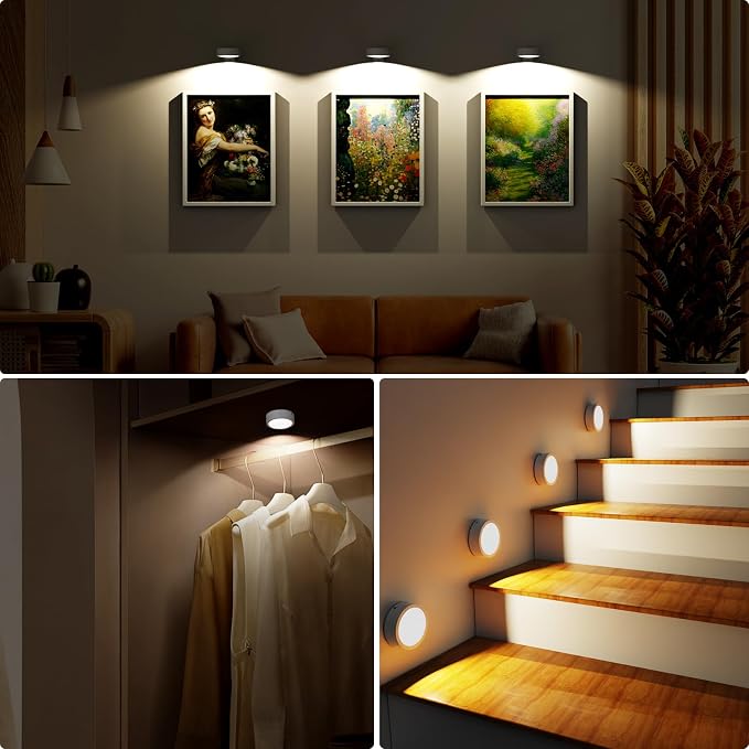 Tututry Picture Lights for Wall, Rechargeable Battery Operated Wireless Magnetic Painting Lights with Remote Dimmable and Timer, Wall Decor Lights with 3 Lighting Modes for Art Display (White, 6Pack)