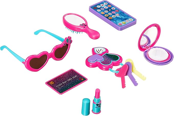 Amazon Basics 8-Piece Pretend Play Purse Toy with Accessories for Girls Ages 3 and Up, Handbag Gift Set Including Smartphone, Sunglasses, Makeup Compact, Keys and Credit Card, Pink