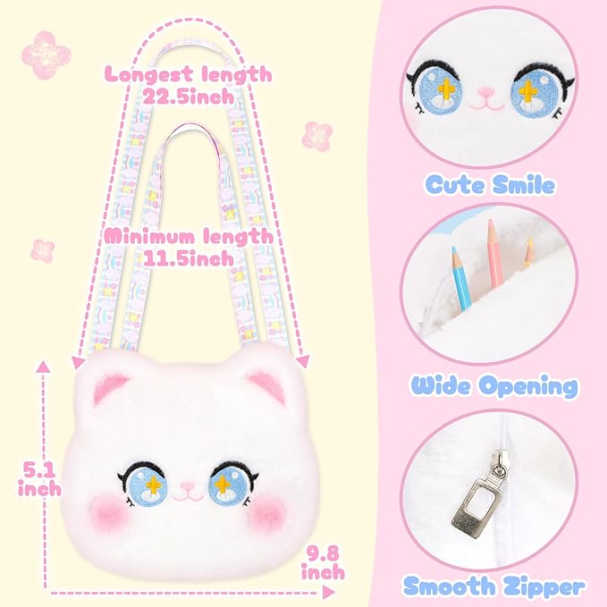 Plush Cat Bag Kids Handbag Crossbody Bag with Zipper and Adjustable Strap,Soft Plush Kitty Stuffed Purse Birthday Gift for Toddlers Kids