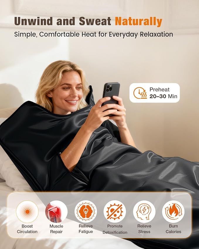 Portable Sauna Blanket for Home, Full Body Heating Wrap for Relaxation and Detox, Self Care Gifts, Washable & Foldable with Carrying Bag, 88-158℉, 10-60 Minutes Timer, (6 x 2.62) FT