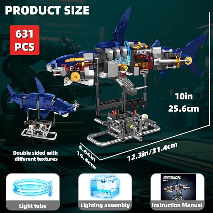Mechanical Shark Building Set with Lights, Rotatable Link Components & Display Stand, STEM Building Set for Boys 8-14, Home Office Decor for Adults, Mechanical Enthusiasts（631PCS）