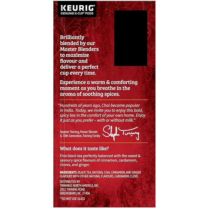 Twinings Chai Black Tea K-Cup Pods for Keurig, 24 Count (Pack of 2), Naturally Sweet and Savoury Spice Flavors, Caffeinated, Enjoy Hot or Iced