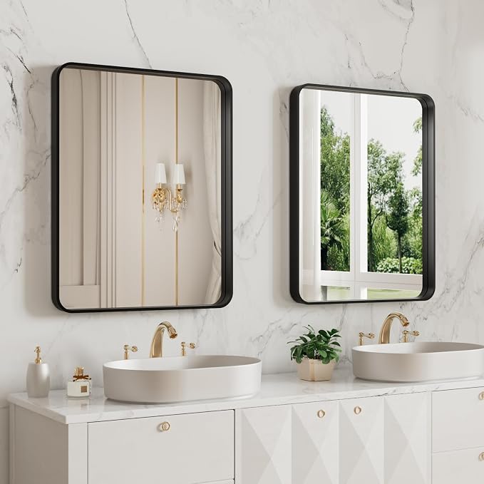 LOAAO 20X16 Inch Black Bathroom Mirror Metal Framed | Matte Black, Rounded Rectangle, Anti-Rust, Hangs Horizontally or Vertically