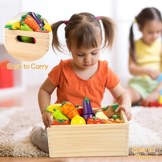 Wooden Play Food for Toddlers, Fruit and Veggies Cutting Set for Kids, Pretend Food Play Kitchen Accessories for 3 4 5 6 7 Years Old Boys & Girls