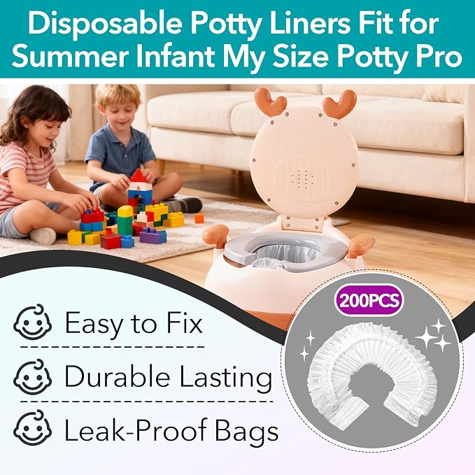 200 Pcs Potty Liners for Summer Infant My Size Potty Pro, Disposable Potty Bags with Elastic Edge, Easy-Clean Design for Toddler Training, Fits Most Potty Chairs, Portable Toilets & Travel Potties