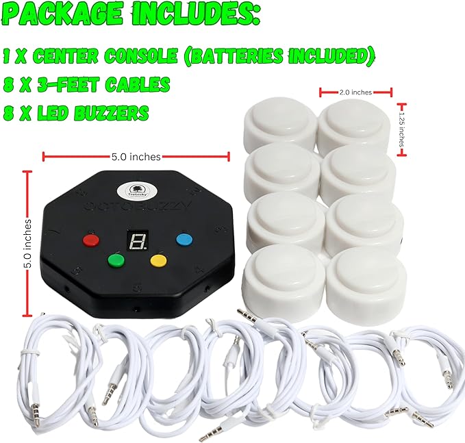 Trebisky Buzzer for Game Show, Educational and Classroom Quiz, Family Games Night, Jeopardy Trivia, Set of 8 LED Light Answer Buzzers, System w/ 3ft Cables(System 2nd Gen)
