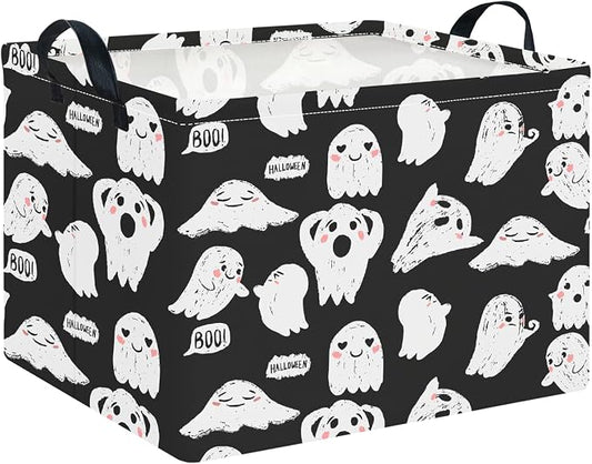 CLOCOR Rectangular Storage Basket Empty,Gift Basket,Waterproof Storage Bin with Handles,Room Decor(Black Ghost Halloween)