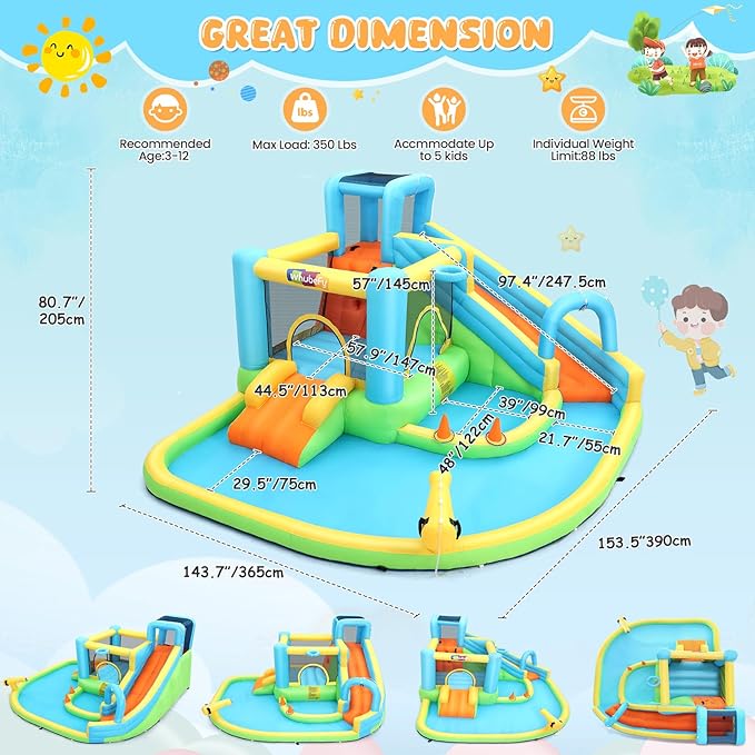 12.8x12FT Water Slide Bounce House for Kids, 12-in-1 Inflatable Water Park with Catch Ball Set/Toss Rings/Water Soaker Balls/Water Gun/Basketball/Splash Pool/Water Cannon/Climbing Wall/Basketball Hoop
