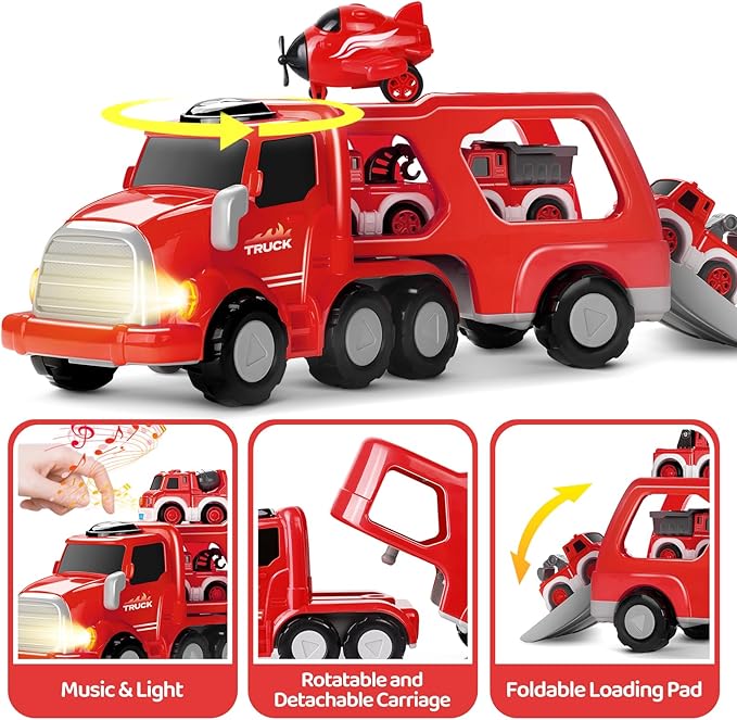 MindPal Fire Truck Toy for 3 4 5 6 7 Years Old Toddler Boys, 8-in-1 Fire Car Carrier Vehicle Set for Boys Age 3-5, Transport Car with Light & Sound, Kids Toys Cars Set for Birthday