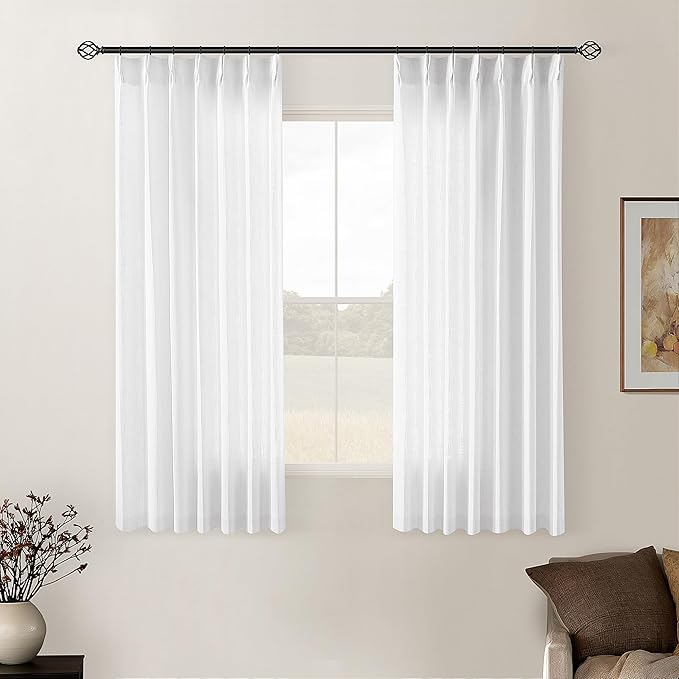 Snow White Short Pinch Pleat Linen Curtains 45 Inch Length 2 Panels Set | for Small Kitchen Windows, Rustic Country Linen, Light Filtering Privacy Semi Sheer, Pinch Pleated Back Tab Curtains, 40x45