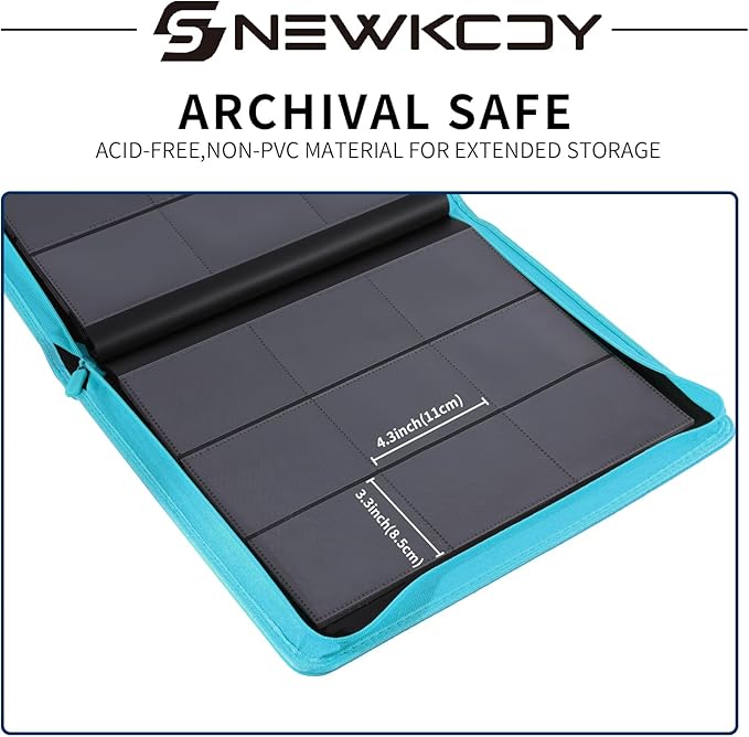 Snekdy Top loader Binder, 9 Pockets Top Loader，Holds 360 Top Loaders cards, Card binder with Sleeves for card in 3 x 4 inch color smooth Zipper PU Leather (Turquoise)