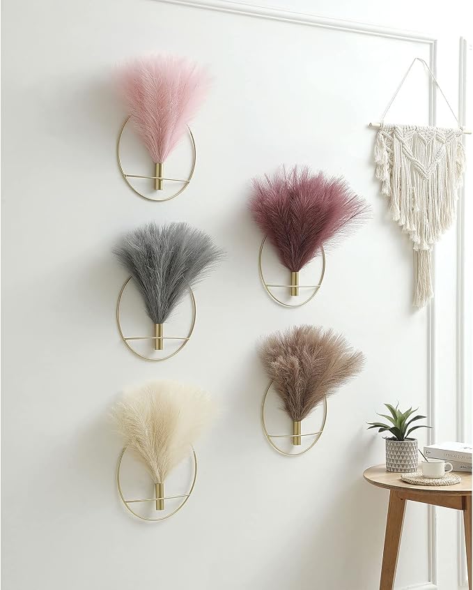 Pretty Jolly Boho Pampas Wall Decor Gold Metal Wall-Mounted Art | Morden Artificial Greenery Display，2 Pack Beige Hanging Planter For Living Room, Bedroom, Bathroom, Dining room