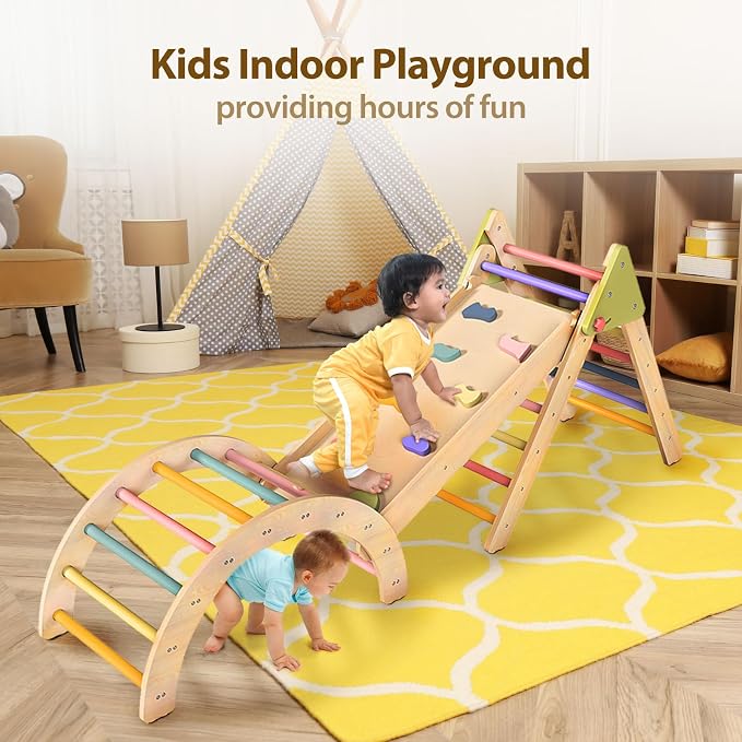LOL-FUN Pikler Triangle Set with Slide for Toddler 1-3, Montessori Climbing Toys for 1 Year Old, Toddler Climbing Toys Indoor Pickler Climbing Set, Foldable Wooden Climber Jungle Gym for Kids
