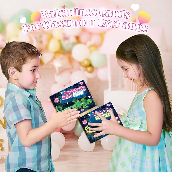 24 Pack Valentine's Day Cards for Kids with Glow in The Dark Lizard Toys, Valentines Day Gifts for Kids School Classroom Exchange, Valentine's Party Favors & Prizes for Kids