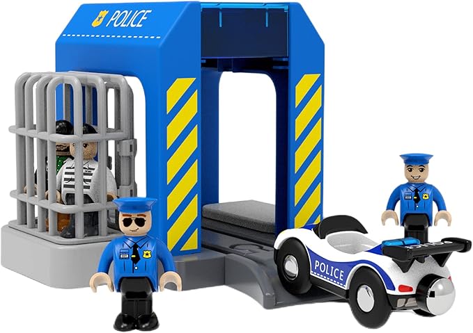 Police Station Playset Toy,Building City Police Scenes Train Set Compatible with All Wooden Train Tracks,Educational Train Accessory Toys for Boys and Kids (Assembly Required)