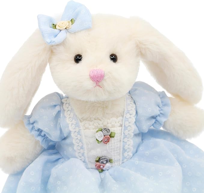 Small Soft Stuffed Animal Bunny Rabbit Plush Toy for Baby Girls 15inch (White Rabbit Wearing Blue Retro Dress)