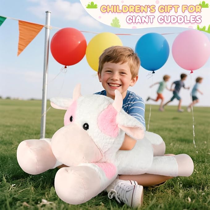 Giant Cow Stuffed Animal 30", Jumbo Strawberry Cow Plush Toys, Giant Stuffed Animal Hugging Pillow for Stress Relief & Sleep Aid, Huge Cuddly Dairy Plushies Gift for Kids Adults