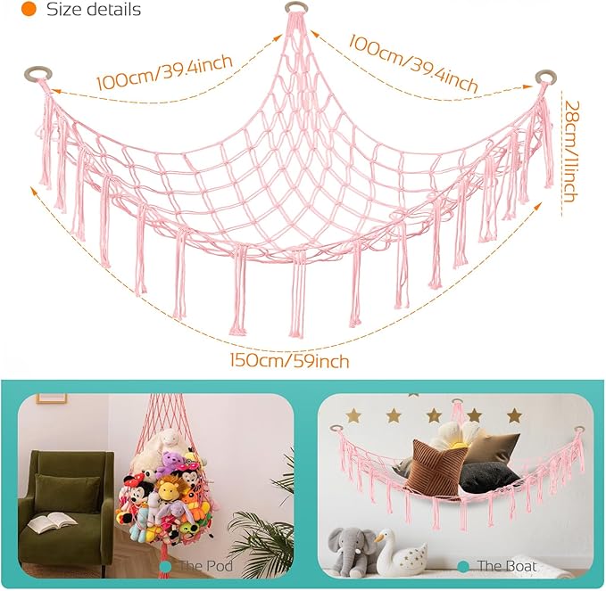 Stuffed Animal Storage Hammock Large Toy Storage Net Stuff Animal Hanging Organizer Holder for Plush Plushie Included Anchors & Hooks Teddy Bear Storage Boho Room Decor
