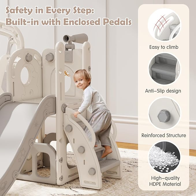 kinbor Toddler Swing and Slide Set - Indoor Outdoor Baby Slide for Toddlers 1-3, Toddler Playground with Basketball Hoop & Storage – Safe, Sturdy Kids Indoor Outdoor Playset