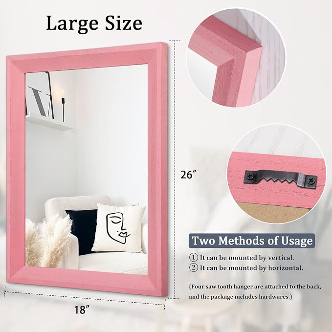 AAZZKANG Rectangle Mirror with Wood Frame Modern Farmhouse Wall Mirrors Decor Large 26"x18" for Bedroom Bathroom Living Room Pink
