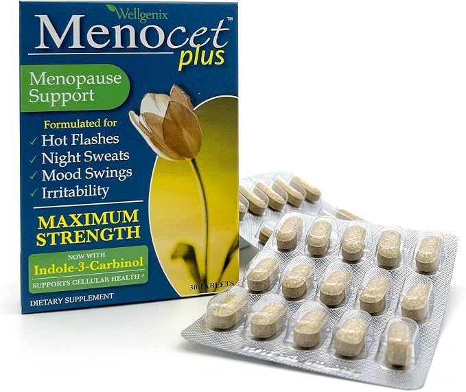 Wellgenix Menocet Plus Menopause Support - Natural Supplement for Women - Daily Relief Feminine Care - Helps with Hot Flashes, Mood Swings & Irritability - 30 Tablets