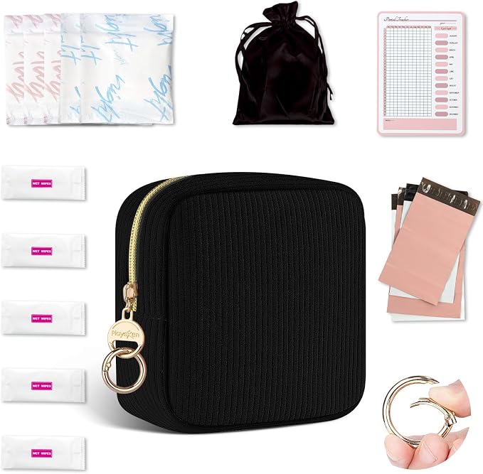 First Period kit for Girls, Corduroy Cute Sanitary Napkin Storage Bag, Menstrual Pad Bag Tampon Holder for Purse, First Period Gifts (Black)