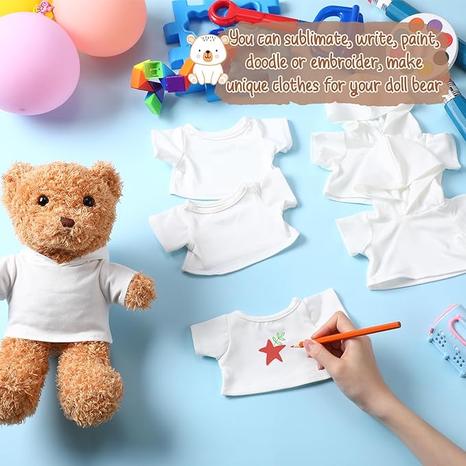 6 Pcs 8-12 Inch Stffed Bear Tshirt and Hoodie Blank Plush Animal Doll Clothes Tshirt for Sulimate DIY Stuffed Doll Outfit