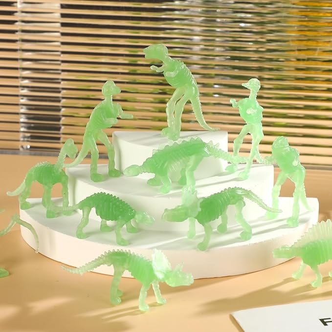 UPINS 36Pcs Glow in Dark Mini Dinosaur Figures, Small Luminous Dinosaur Toy Birthday Party Favors Supplies Dino Cupcake Toppers Plastic Dino Toys for Kids Easter Basket Suffers Classroom Prizes Box