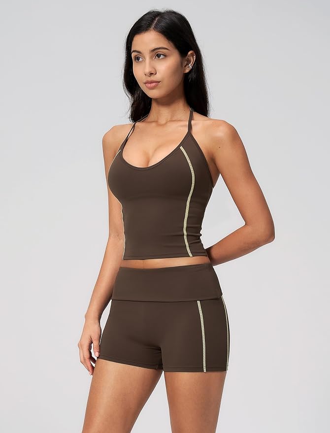 QBGJTD Women 2 Piece Workout Set Color Block Open Back Halter Top and High Waist Booty Lifting Shorts Yoga Outfit