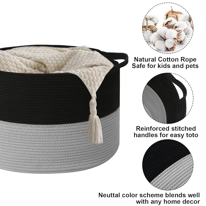 65L Large Blanket Basket,Woven Laundry Basket-Black&Light Grey | Collapsible, reinforced handles, nursery storage bin organizes clothes, toys and pillows for living room, bedroom bathroom
