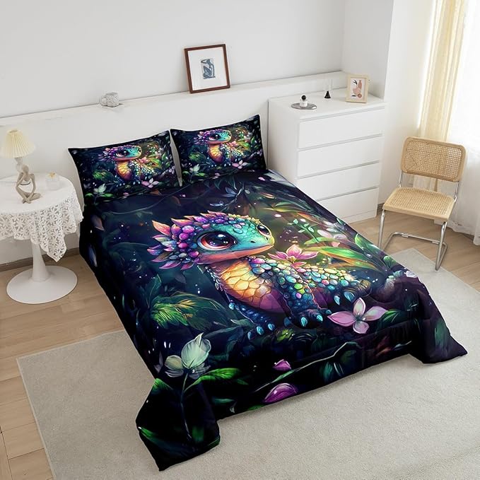 Feelyou Dragon Comforter Set Twin Size Dragon Stuff Comforter for Boys Girls Teens Wild Life Bedding Set Flower and Grass Duvet Set Room Decor Balck Green Quilt Set