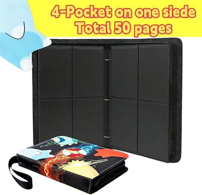 Card Binder 4 Pocket with Zipper, Trading Card Holder 50 Removable Sleeves – Holds 400 Cards, 3-Ring Album Case for Sports & Game Cards, Gift for Boys Girls (4 Pocket 400)