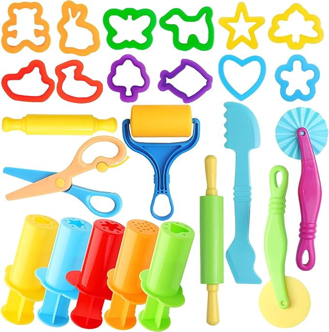iShyan Dough Tools for Kids, 24 Pieces Dough Play Tools Set with Rolling Pins,Cutters,Dough Extruders,Scissor